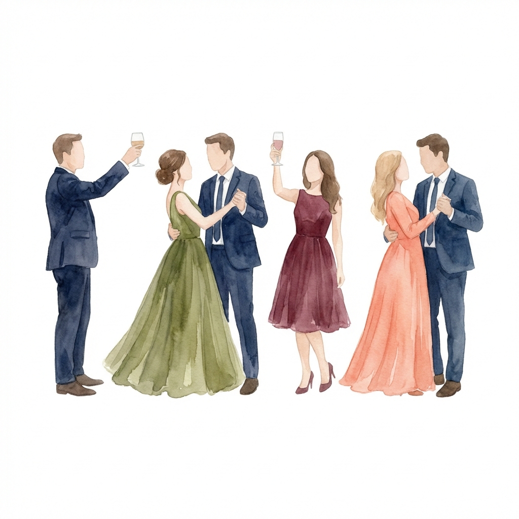 Etiqueta formal: traje oscuro con corbata y vestido largo